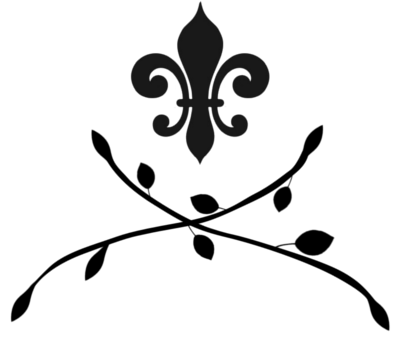 A fleur de lis with two branches with leaves in a criss cross formation